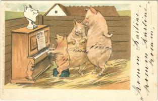 New Year greeting card with pig choir. Lith.-Artist. Anstalt München (vorm. Gebrüder Obpacher) Serie XXVII. No. 17947. litho (EB)