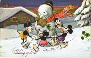 1934 Boldog Újévet! / New Year greeting card, Mickey Mouse with snowman. 8974.