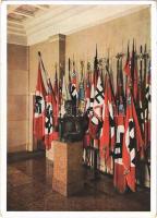 München, Das Braune Haus. Fahnen-Halle mit Bismarckbüste / The Brown House in Munich. Headquarters of the National Socialist German Workers Party. NSDAP German Nazi Party propaganda, swastika flags + Brauner Haus München (EK)