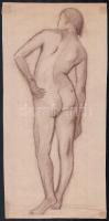 Jelzés nélkül: Álló akt. Kréta, papír, lap alja sérült, sarkaiban paszpartuzás nyomaival. 38×18,5 cm