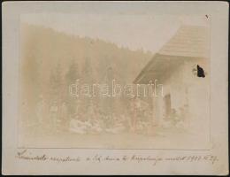 1907 Erdély, Szent Anna kápolna a Szent Anna-tó mellett, feliratozott, kartonra kasírozott fotó, 10×13 cm