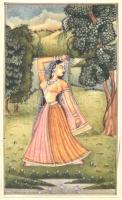 Jelzés nélkül: Rádháráni a szerencse istennője. Indiai akvarell-karton, 11,5x6,5 cm Üvegezett keretben / Indian water-color painting