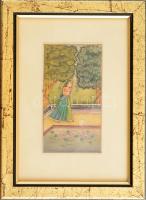 Jelzés nélkül: Rádháráni a szerencse istennője. Indiai akvarell-karton, 11,5x6,5 cm Üvegezett keretben / Indian water-color painting
