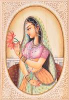 Jelzés nélkül: Rádháráni a szerencse istennője a tisztaságot jelképező két lótuszvirággal. Indiai akvarell-karton, 21x15cm Üvegezett keretben / Indian water-color painting