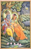 Jelzés nélkül: Krisna és Rádháráni a szerencse istennője a tökéletes pár. Indiai akvarell-karton, 19x14 cm Üvegezett keretben / Indian water-color painting