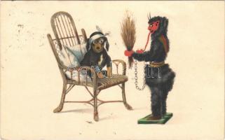 1910 Krampus with injured Dachshund dog. H. & L. art postcard