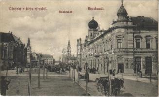 1911 Kecskemét, Rákóczi út, zsinagóga, piac, bélyeg áruda, Deutsch József üzlete + BÁZIÁS-BUDAPEST 3 mozgóposta