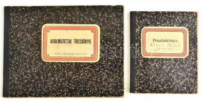 1923-1924-1947-1949 Korom Mihály szegedi ács és kőműves mester pénztár és alkalmazotti könyve, pénztárkönyvben 1947-1949 közötti bejegyzésekkel, az alkalmazotti könyv üres.