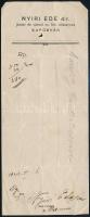 1929 Nyíri Ede járási és városi m. kir. állatorvos, Kaposvár, fejléces kézzel írt és aláírásával ellátott receptje, lap tetején kisebb lyukkal, hajtásnyommal