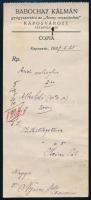 1927 Fejléces kézzel írt recept copia, Babochay Kálmán gyógyszertára az Arany Oroszlánhoz, Kaposvár, lap tetején kisebb lyukkal, lap alján kisebb folttal, hajtásnyommal