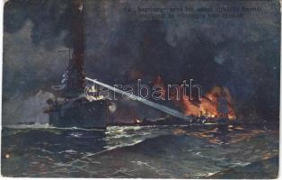 1915 Az Augsburg nevű kis német cirkáló Libaunál megkezdi az ellenségre való tüzelést / WWI German Navy art postcard, light cruiser SMS Augsburg begins the firing of the enemy by Libau (Liepaja) s: Harry Heusser (EK)