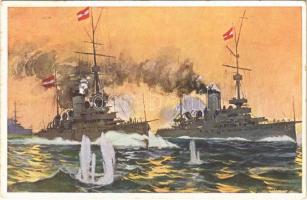 1914 Österreichische Kriegsmarine. SM Schiff Wien und Monarch / WWI Austro-Hungarian Navy, K.u.K. Kriegsmarine art postcard, SMS Wien and SMS Monarch coastal defense ships. B.K.W.I. 928-5. s: J. Danilowatz (EK)