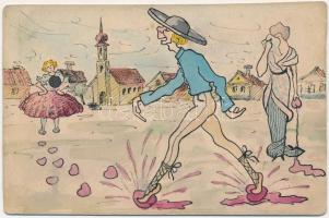 1922 Kézzel rajzolt romantikus folklór üdvözlőlap / Hungarian hand-drawn custom-made romantic folklore art postcard