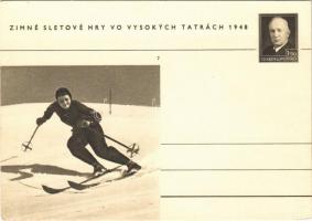 1948 Tátra, Magas Tátra, Vysoké Tatry; Zimné Sletové Hry vo Vysokych Tatrách / Les Jeux dHiver dans les Hautes Tatras / Téli sportjátékok a Magas Tátrában reklámlap / winter sport games in the High Tatras advertising card, ski (EK)