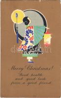 1920 Merry Christmas! Christmas greeting card with Asian lady. P.F. Volland & Co. (EK)
