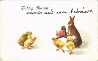 1922 Boldog Húsvéti ünnepeket / Easter greeting art postcard, rabbit photographer with chicken. SB 5326. (vágott / cut)