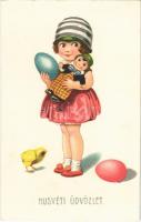 1929 Húsvéti üdvözlet / Easter greeting art postcard, girl with eggs. G.O.M. 3285.