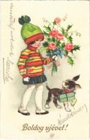 1930 Boldog Újévet! / New Year greeting art postcard, girl with dog and flowers (EK)