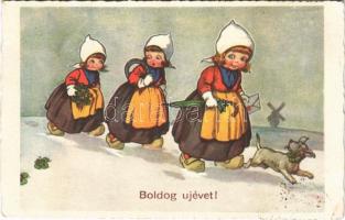 1927 Boldog Újévet! / New Year greeting art postcard, girls with clovers and dog. Degami 861. (EK)