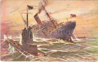 1918 Vernichtung eines engl. Handelsdampfers durch ein deutsches Unterseeboot / WWI German Navy art postcard, submarine sinks a British merchant ship s: Willy Stöwer (EK)