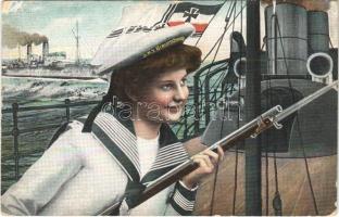 1916 SMS Braunschweig. Kaiserliche Marine / WWI German Navy art postcard, mariner lady, naval flag (EK)