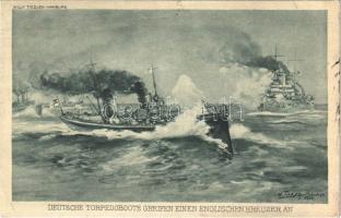 Deutsche Torpedoboote greifen einen englischen Kreuzer an. Kaiserliche Marine / WWI German Navy art postcard. Marine-Karte Völkerkrieg-Karte Nr. II/4. s: Willy Tiedjen (EK)
