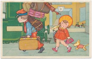 1940 Felmálházva / Children art postcard. Amag 0320. s: Margret Boriss + TISZAUG-KECSKEMÉT 194 mozgóposta