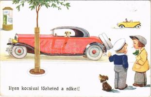 1936 Ilyen kocsival főzheted a nőket! / Children art postcard, automobile. WSSB 4463 + KALOCSA-KISKÖRÖS 183 mozgóposta