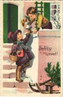 1936 Boldog újévet! / Children New Year greeting. litho + SÁTORALJAÚJHELY-BUDAPEST 34 mozgóposta