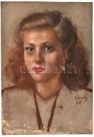Élesdy István (1912-1987): Fiatal hölgy portréja, 1948. Vegyes technika, papír, jelzett és datált. 48x33,5 cm