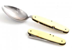 Retró utazó evőeszköz készlet, összecsukható kanál, villa, kés, jó állapotban, 11×8 cm