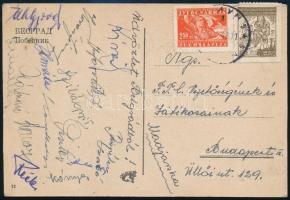 1948 Albánia-Magyarország mérkőzésről a magyar labdarúgó válogatott tagjai által aláírt képeslap Tóth, Kovács, Kispéter, Horváth, Zakariás, Illovszky, Kubala, Szilágyi, Keszthelyi, Pintér, Szabó