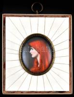 Olvashatatlan jelzéssel: Hölgy pirosban. Akvarell, miniatúra, üvegezett keretben, 5x4 cm