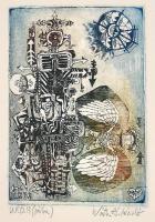 Ifj. Würtz Ádám (1957-): U.F.O.!; Színes rézkarc, papír, jelzett. Próbanyomat. Üvegezett fa keretben, 10×7,5 cm.