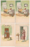9 db RÉGI művész motívum képeslap hátoldalakon Saád István Szent Rókus gyógyszertár reklámjával Érse...