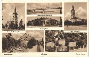 1941 Gyoma (Gyomaendrőd), római katolikus és református templom, községháza, vasútállomás, hősök szobra, Hármas-Körös hídja (fa)