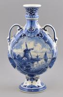 Delft holland kékfestéses fajansz váza, jelzett, kézzel festett, hibátlan, m: 27,5 cm