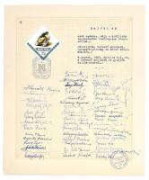 1963 Vertel József grafikusművész és mások aláírásai emléklapon, Magyar Bélyeggyűjtők Országos Szövetsége pecsétjével és 1962 Autó és motorsport 20 f bélyeggel