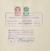 1967 Budapesti Orvostudományi Egyetem diplomája, bélyegekkel, szárazpecséttel