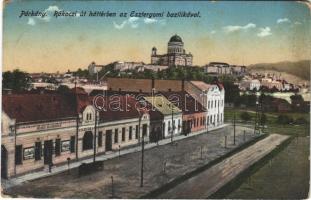 1918 Párkány, Parkan, Stúrovo; Rákóczi út háttérben az Esztergomi bazilikával, Községi nagyvendéglő és kávéház / street, basilica, restaurant and cafe (EK)