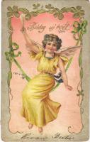 1904 Boldog új évet / New Year greeting, Art Nouveau, Emb. litho (EK)