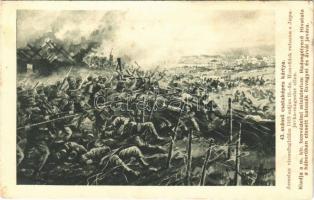 43. számú csataképes kártya. Jaroslau visszafoglalása 1915. május 16-án. Honvédek rohama a Jupajovka-magaslat ellen. Kiadja a M. kir. Honvédelmi Minisztérium Hadsegélyező Hivatala / WWI Austro-Hungarian K.u.K. military, Battle of Jaroslaw s: Wintorowski