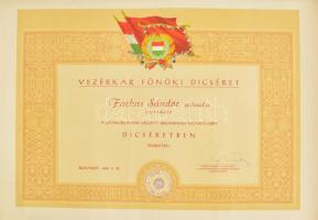 1962 Vezérkari főnöki dicséret, százados részére a gyakorlaton végzett munkájáért,Ugrai Ferenc (1922-2006) altábornagy vezérkari főnök aláírásával.