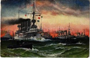 WWI Imperial German Navy (Kaiserliche Marine) and Austro-Hungarian Navy (K.u.K. Kriegsmarine) art postcard, squadron. T.S.N. Serie 821. artist signed (Rb)
