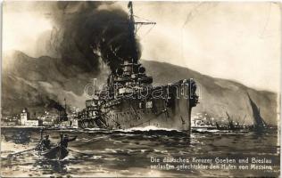 Die deutsche Kreuzer Goeben und Breslau verlassen gefechtsklar den Hafen von Messina / WWI Imperial German Navy (Kaiserliche Marine) art postcard (fa)