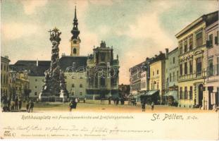 Sankt Pölten, St. Poelten; Rathhausplatz mit Franziskanerkirche und Dreifaltigkeitssäule / Trinity statue, church, town hall square