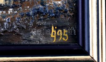 Lukács János (1952- ): Tanya. Olaj, farost, jelzett, fa keretben, hátoldalán Műkincs Kft. címkéjén f...