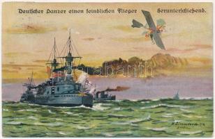1914 Deutscher Panzer einen feindlichen Flieger herunterschießend / WWI Imperial German Navy (Kaiserliche Marine) art postcard. WSSB 556. s: Lissmann