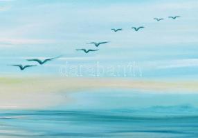 Való Ibolya (1958-): Hosszú úton. Olaj, farost, jelzett, fa keretben, 32×100 cm