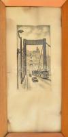 cca 1970 Erzsébet-híd és a Gellért-hegy látképe villamossal, jelzés nélkül, üvegezett fa keretben, kissé foltos, hullámos papírral, 10x5 cm